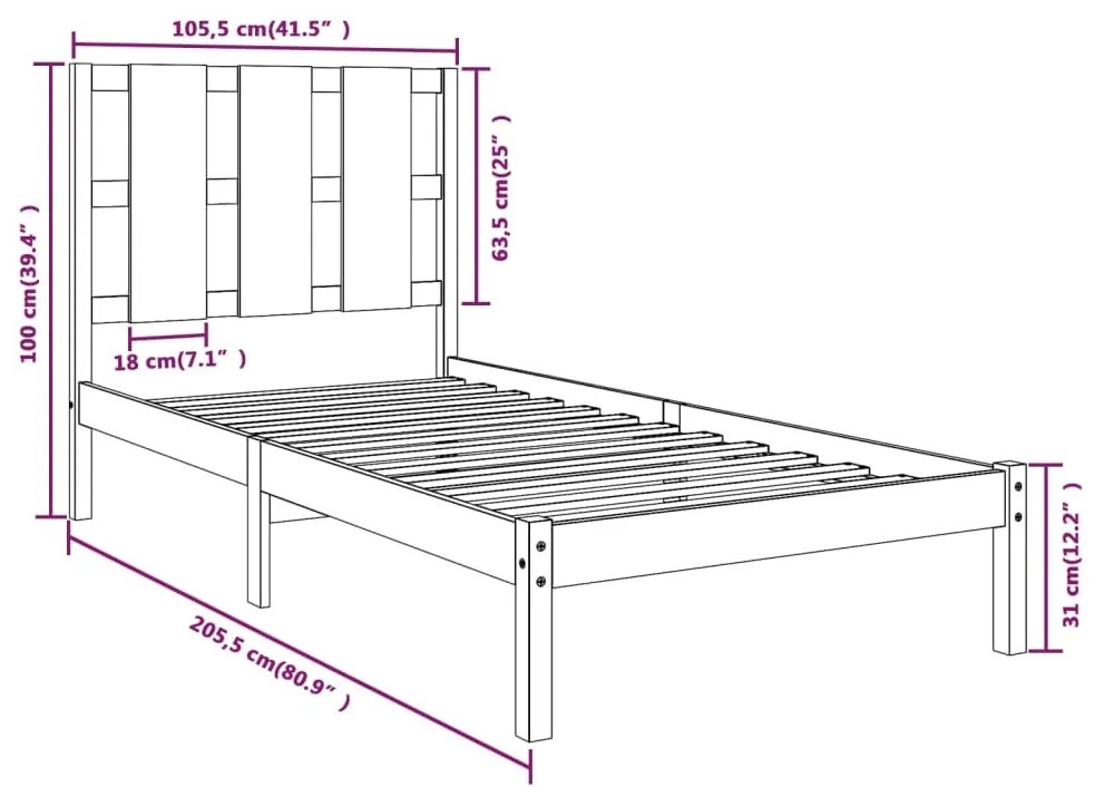 Estrutura de cama 100x200 cm pinho maciço preto