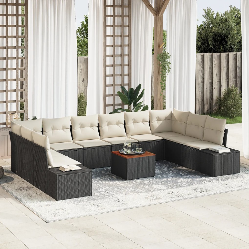 vidaXL Conjunto de Sofá de Jardim de 11 Peças com Almofadas Preto Rattan Poliéster Acácia
