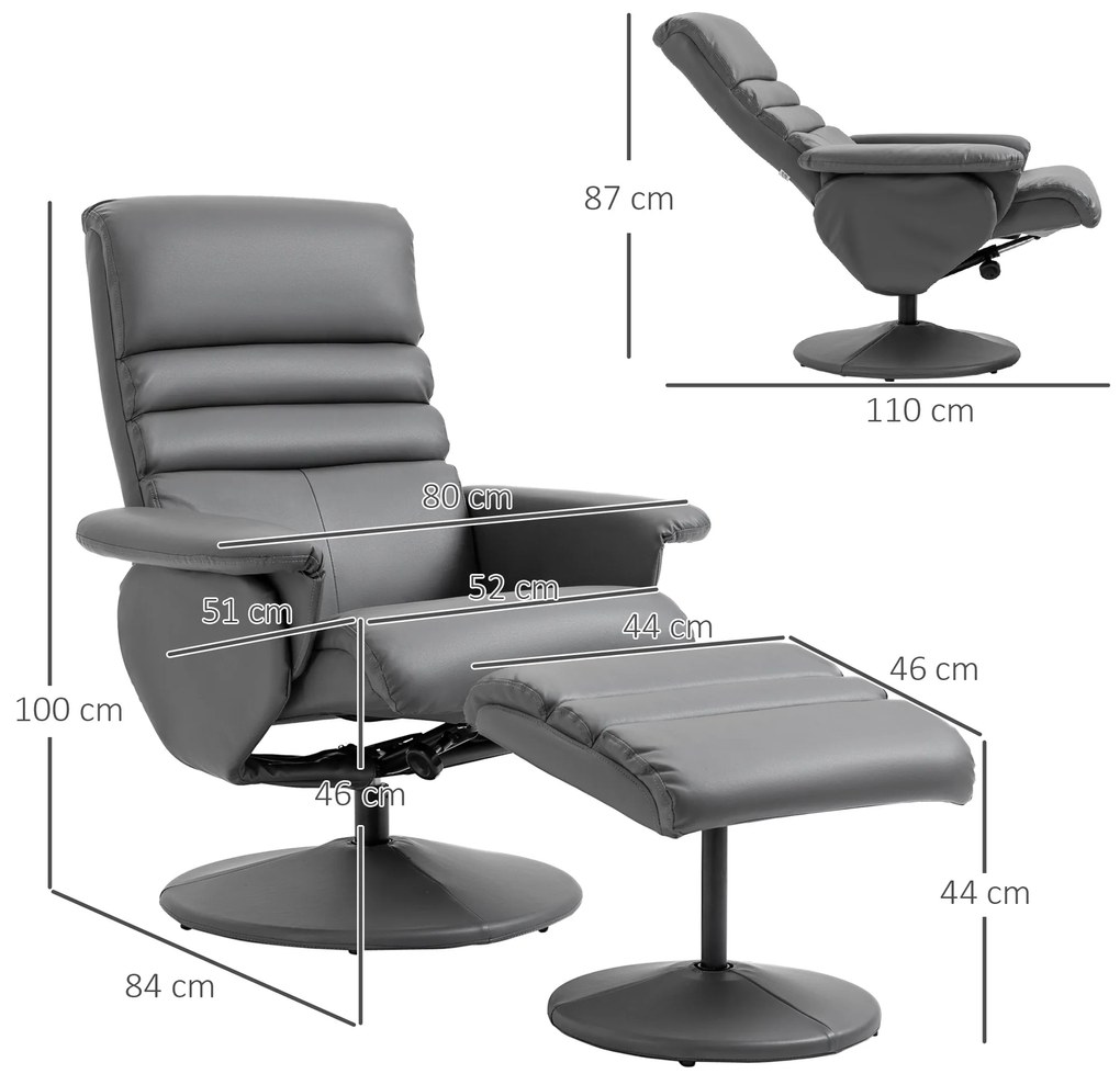 Poltrona Relax com Apoio para os Pés Estofada em PU Poltrona Relax Reclinável até 135° e Giratória 360° com Encosto Ajustável para Sala de Estar Dormi