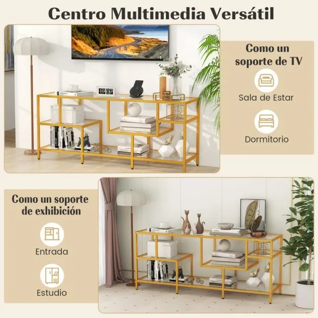 Móvel para TV até 65'' Retangular 147 x 40 x 62 cm ou Mesa apoio com Estantes de Vidro Temperado Centro de Entretenimento para Sala de Estar Dourada
