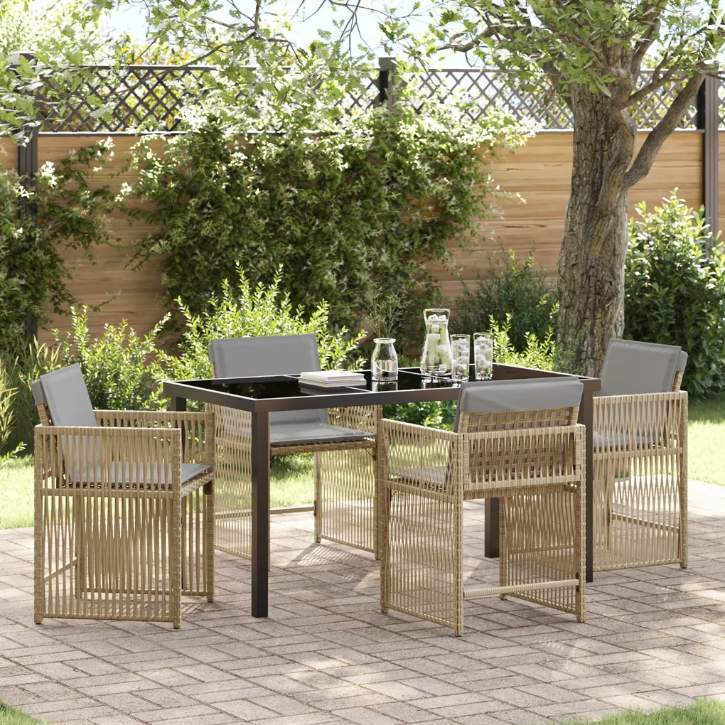 vidaXL Conjunto de Jantar de 5 Peças para Jardim com Almofadas Bege Rattan PE