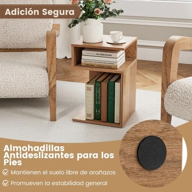 Mesa de cabeceira 33 x 33 x 50 cm em forma de S com 2 compartimentos abertos, castanho natural