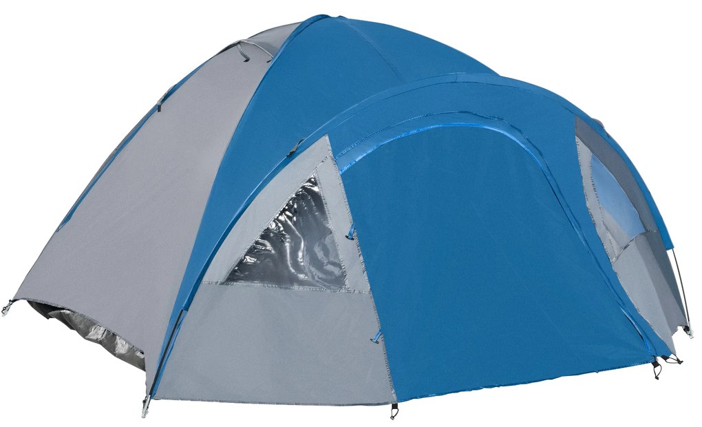 Tenda de Campismo para 4 Pessoas Tenda de Campismo com Janelas 2 Bolsos e Bolsa de Transporte 300x250x130 cm Cinza e Azul