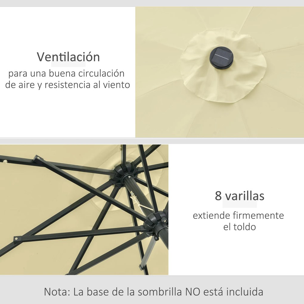Outsunny Chapéu de Sol com 32 Luzes LED Solares Ø265x233cm Chapéu de Sol Inclinável com Manivela e Mastro de Aço para Terraço Pátio Exterior Bege
