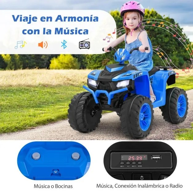 Moto 4 eléctrica de 24V para crianças dos 3 aos 8 anos com ligação sem fios Rádio de música Pneus resistentes Luz LED Arranque suave Azul