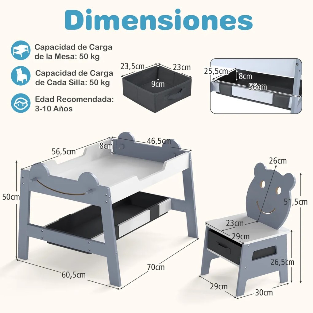 Conjunto Mesa e 2 cadeiras infantis 5 em 1 com tampo reversível preto e branco com Detalhe Curvo, 4 ganchos, compartimentos e recipientes Cinzenta