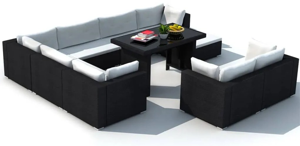 10 pcs conjunto lounge de jardim c/ almofadões vime PE preto
