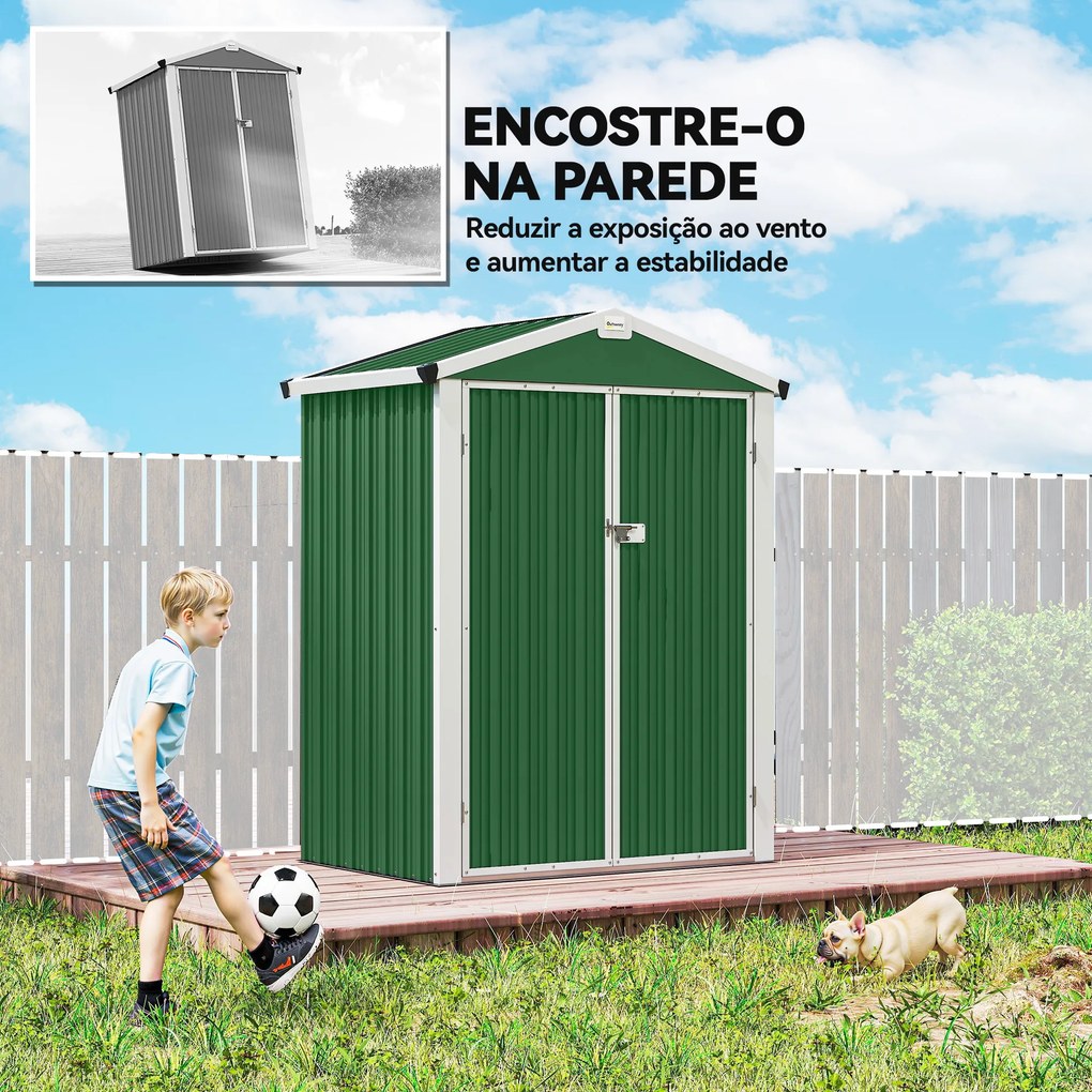 Abrigo de Jardim Exterior 1,1 m² 133x87x178 cm com 2 Portas de Correr Telhado Inclinado e Luvas Verde