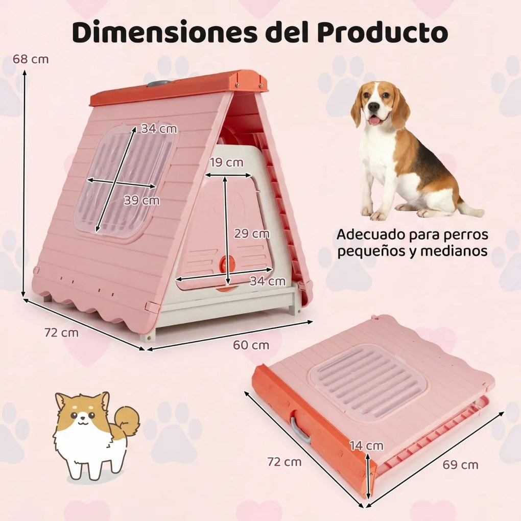 Casota para caes dobrável de plástico impermeável para cães 72 x 60 x 68 cm, com porta com aba e fecho, janelas, portátil, para interior e exterior, p
