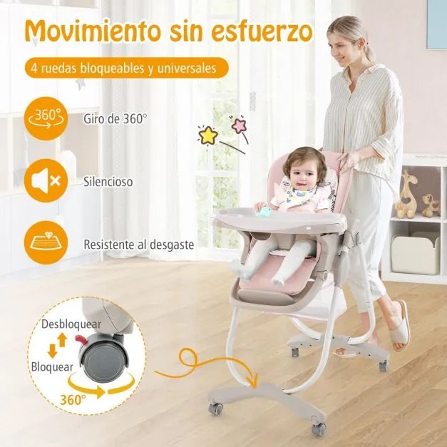 Cadeira alta dobrável refeição para bebés com rodas giratórias, 7 alturas ajustáveis, apoio para os pés, encosto, apoio para os pés e encosto em Rosa
