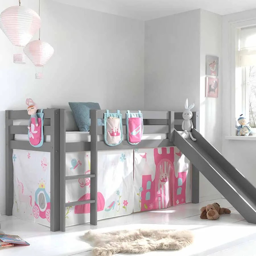 Conjunto Cama alta de Criança PINO 90 x 200 cm + estrado + escada + escorrega + cortina + bolsas de arrumação Princesa Cinzenta