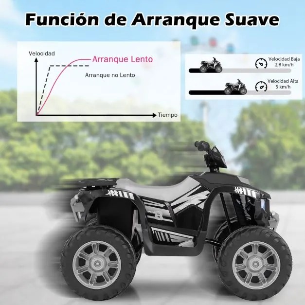 Moto 4 eléctrica de 24V para crianças dos 3 aos 8 anos com ligação sem fios Rádio de música Pneus resistentes Luz LED Arranque suave Preta