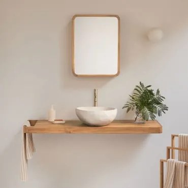 Conjunto De Móvel De Casa De Banho 130x45 Cm Suspenso Em Madeira De Teca Neill Madeira De Teca & Dourado Escovado ↑30 Cm Com Válvula De Drenagem Sem E