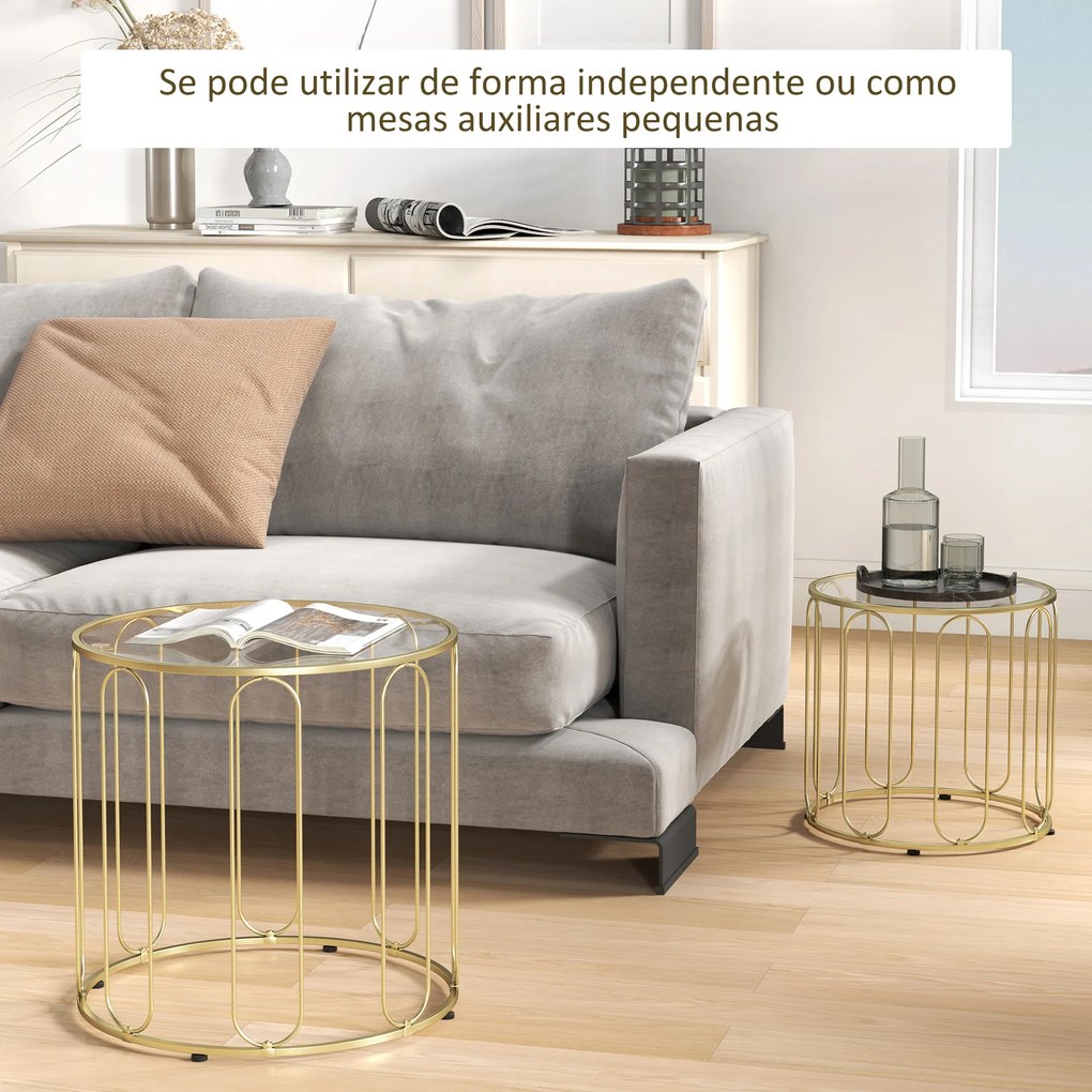 Mesas Auxiliares para Sala de Estar Redondas Conjunto de Mesas Laterais com Estrutura de Metal e Bancada de Vidro Mesas