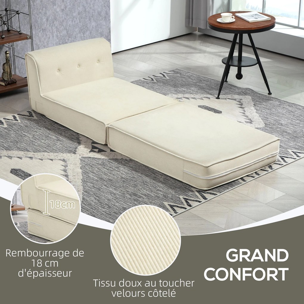 Sofá-Cama de Chão, 100 x 73 x 65 cm, Encosto Capitoné, Branco-Creme