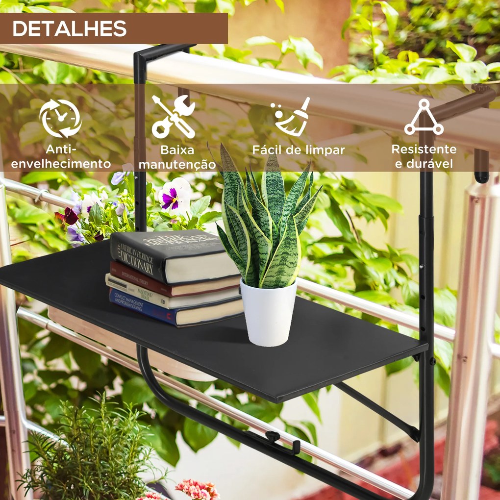 Mesa Suspensa para Varanda Mesa de Parede de Aço com Altura Ajustável em 4 Posições 60x60,5x56-71 cm Preto