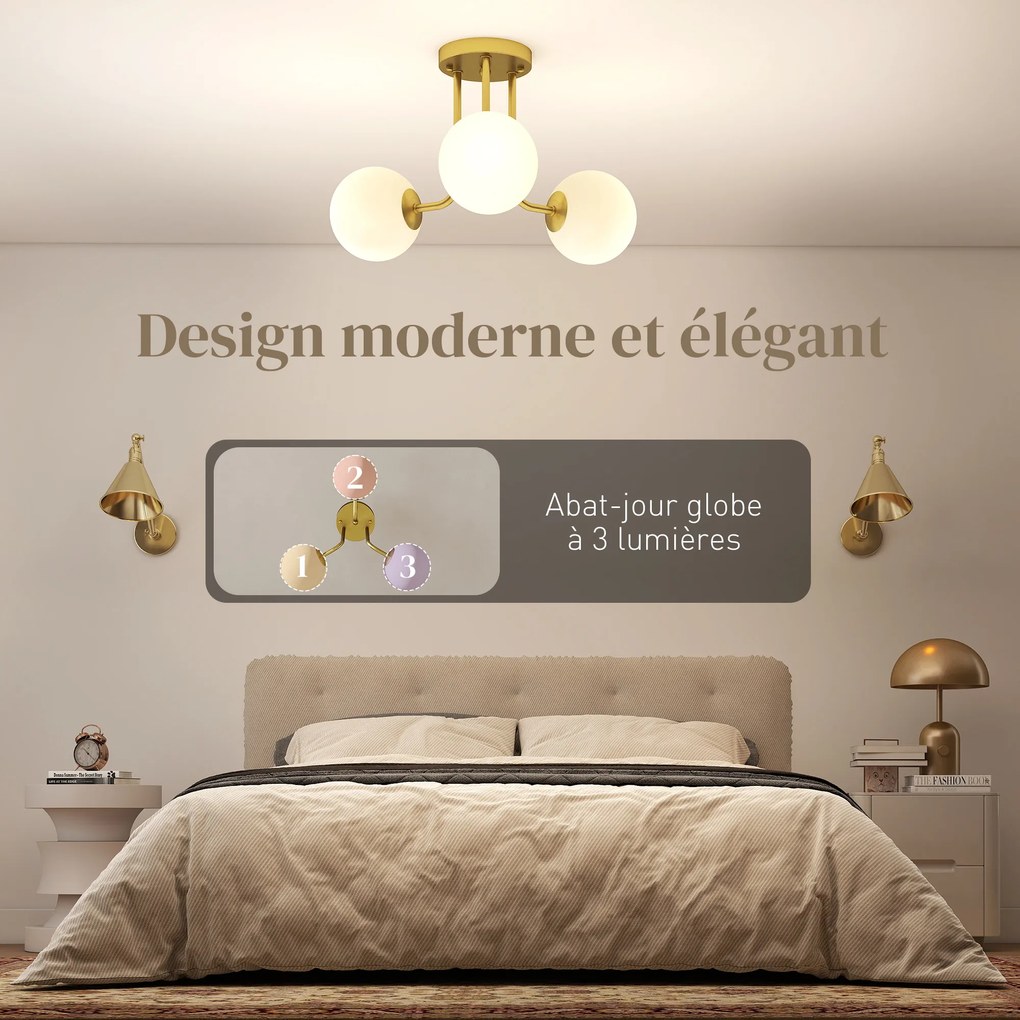 Candeeiro de teto LED de 25 W, luminária de teto com 3 luzes e casquilhos G9, abajur esférico, 42 x 42 x 26,5 cm, dourado