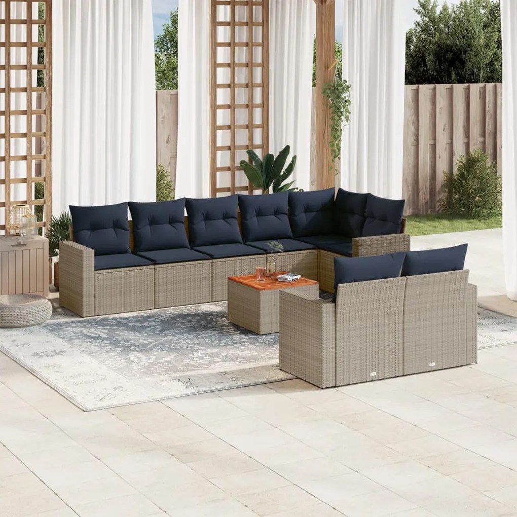 9 pcs conjunto sofás p/ jardim c/ almofadões vime PE cinzento