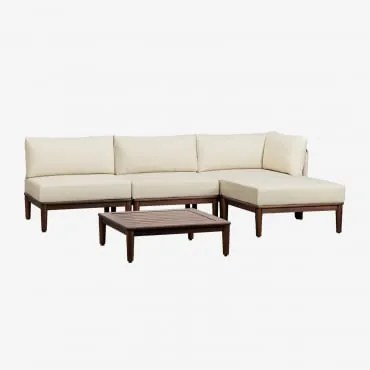 Conjunto De Jardim Com Sofá Modular De Canto De 3 Peças, Mesa De Centro E Puff Em Acácia Giulia Crema - Sklum