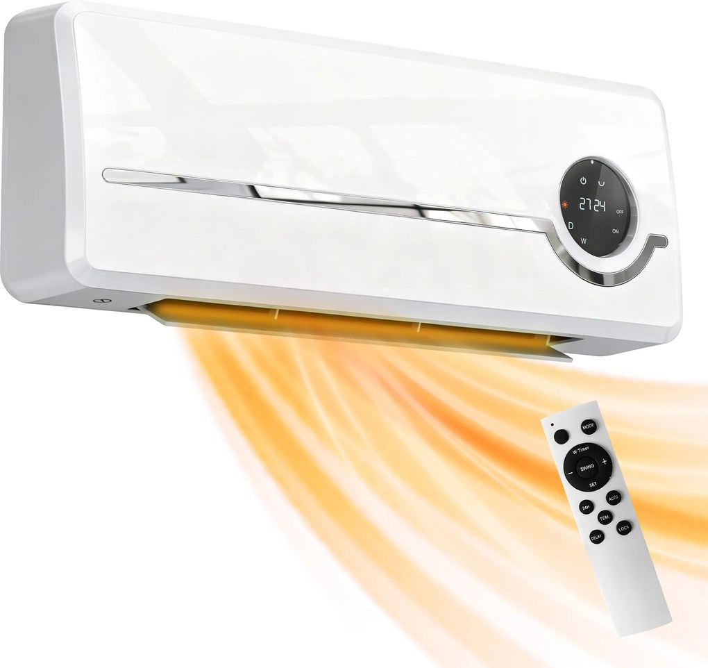 Aquecedor Elétrico de Baixo Consumo de Parede 2000W com 3 Modos Ecrã LED Termostato Temporizador e Oscilação Branco