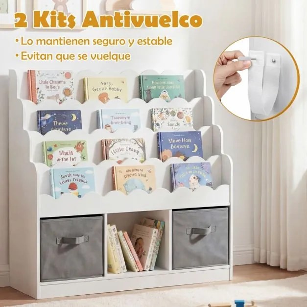 Estante infantil com 4 prateleiras, 3 compartimentos e 2 gavetas 90 x 30 x 91,5 cm, com tecido organizador para brinquedos, a partir dos 3 anos, para