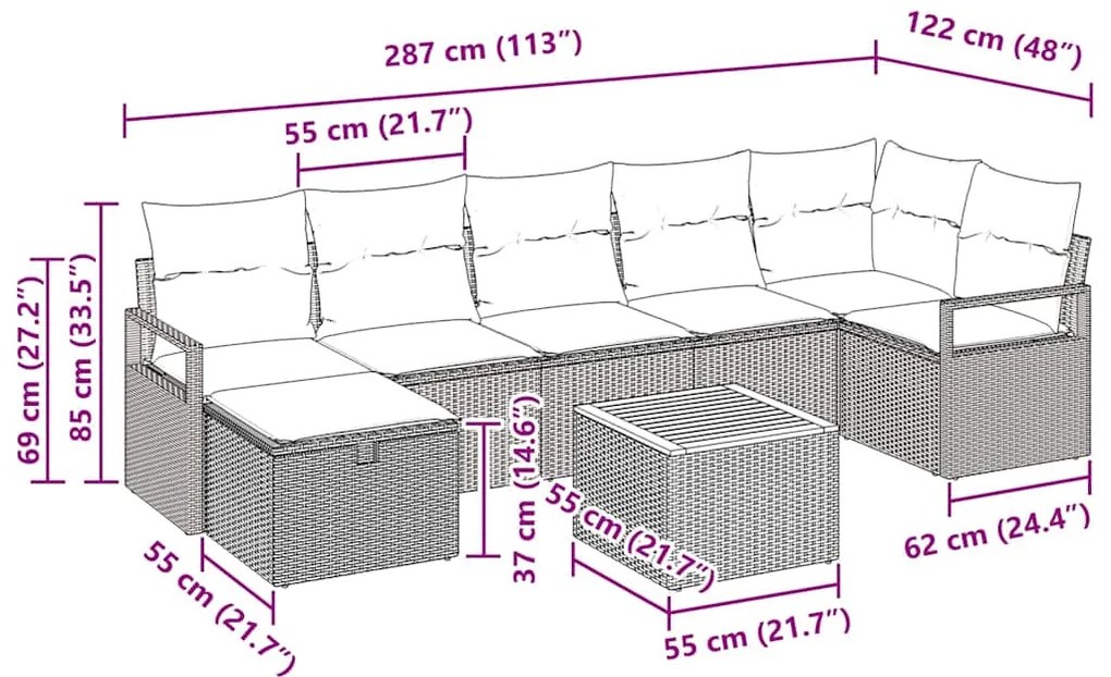 Conjunto de Sofás para Jardim com 8 Peças e Almofadas em Rattan Poliés