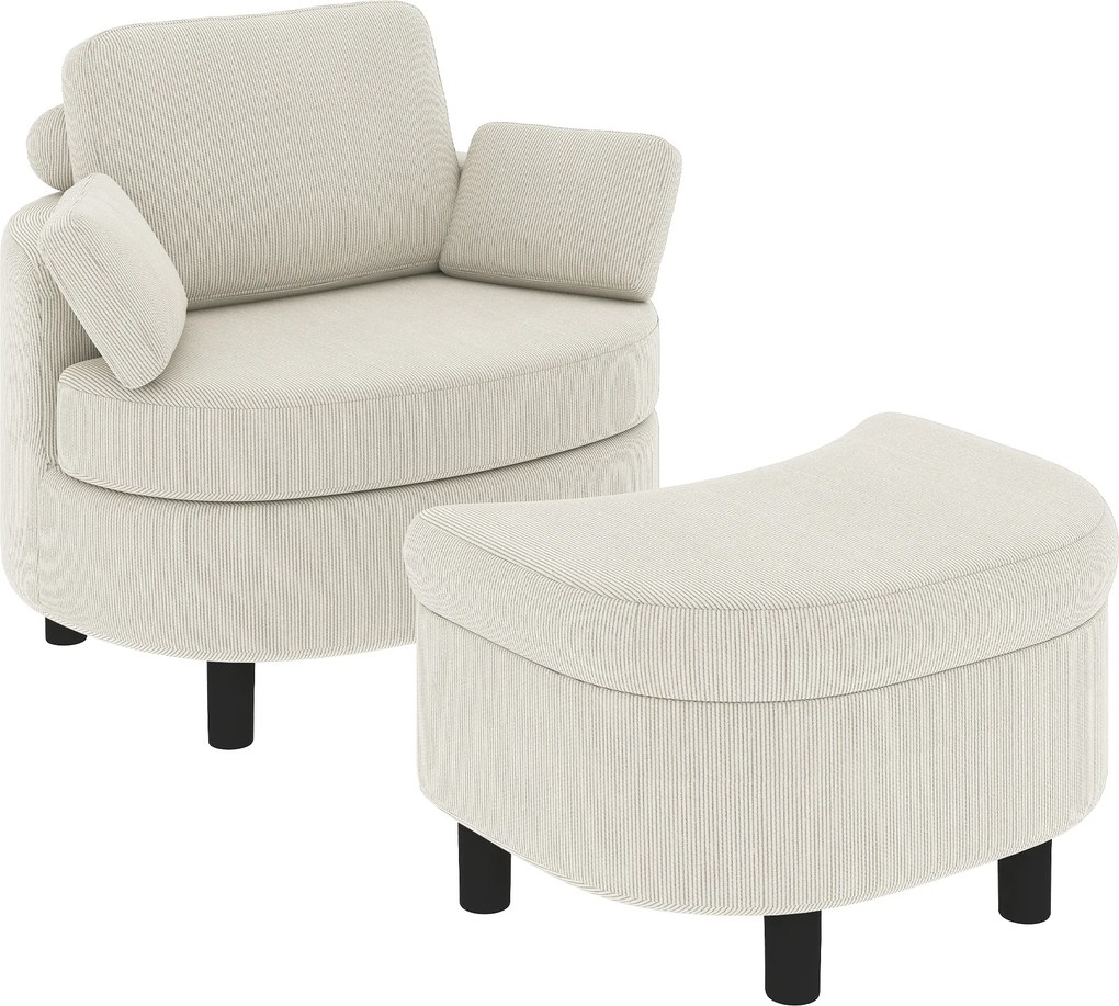 HOMCOM Poltrona com Puff com Armazenamento, Revestimento em Cotelê, Poltrona de Leitura Envolvente com Apoio de Cabeça Ajustável, Assento Largo, Creme branco | Aosom Portugal