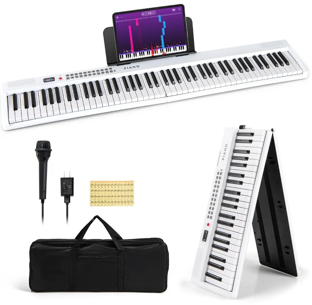 Teclado de piano elétrico dobrável com 88 teclas, tamanho normal, semi-pesado e portátil com MIDI 128 x 23 x 6 cm Branco