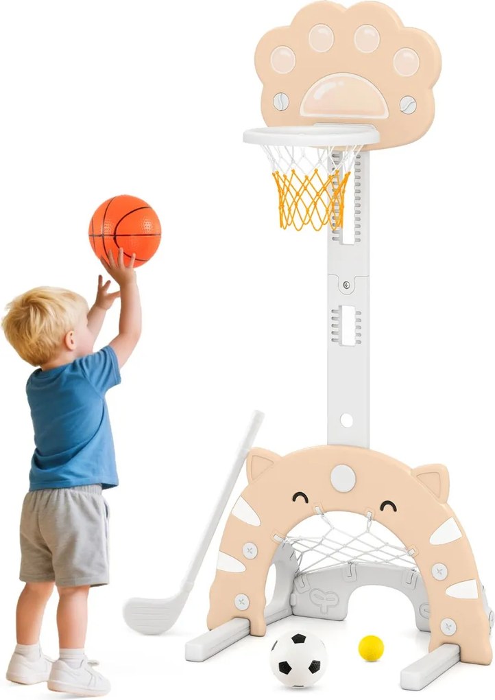 Cesto de basquetebol 3 em 1 ajustável em altura com jogos de futebol e golfe para crianças a partir dos 3 anos 65 x 49 x 130-151 cm Caqui