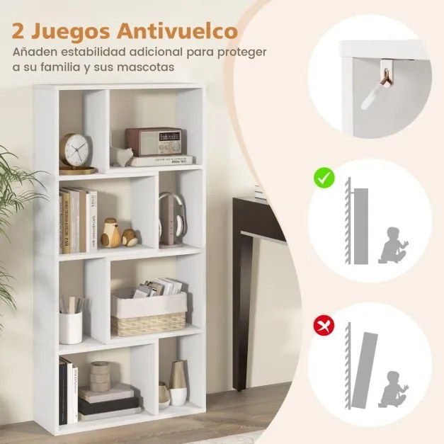 Estante geométrica de 4 níveis com 120 cm de altura com 8 cubos aberta para sala de estar e escritório Branca