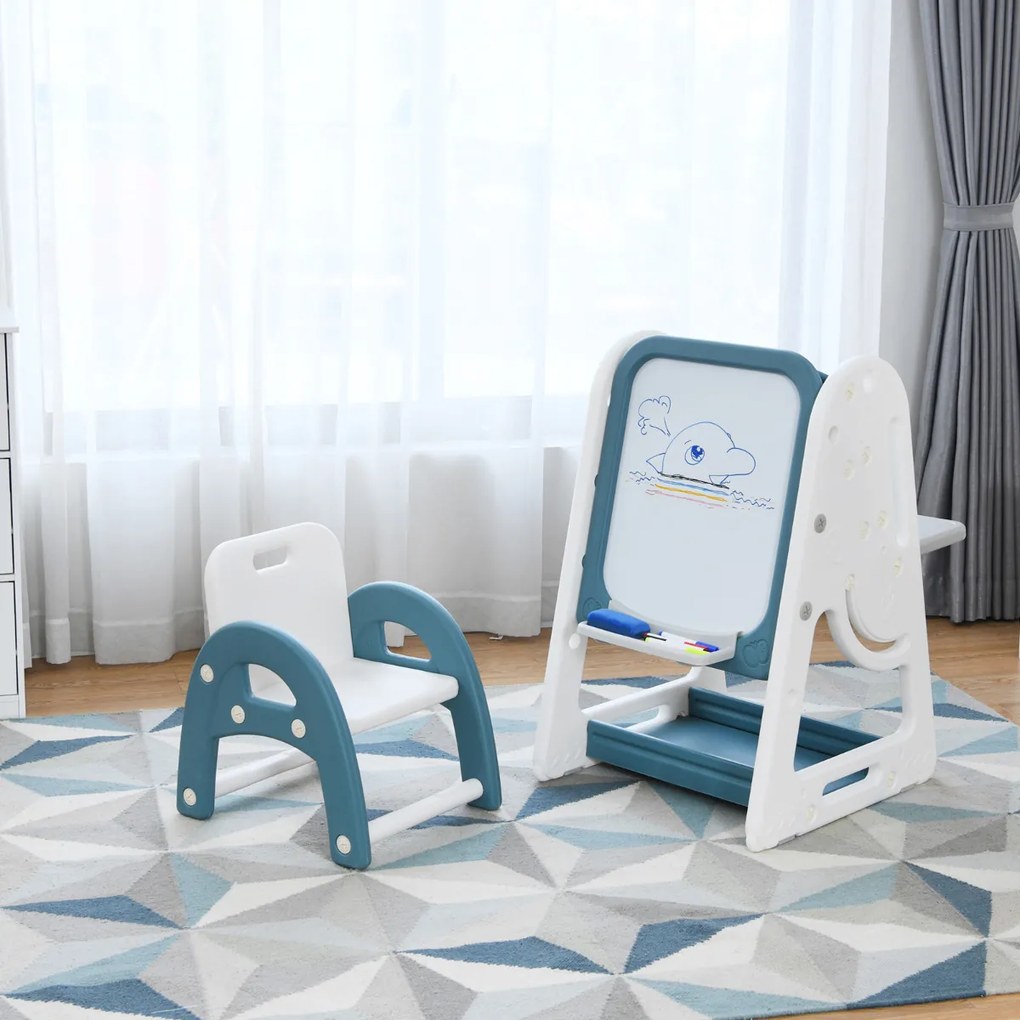Quadro de pintura infantil 2 em 1 quadro-negro frente e verso e estante com cadeira e superfície dobrável 62,5 x 53 x 71-100 cm Azul
