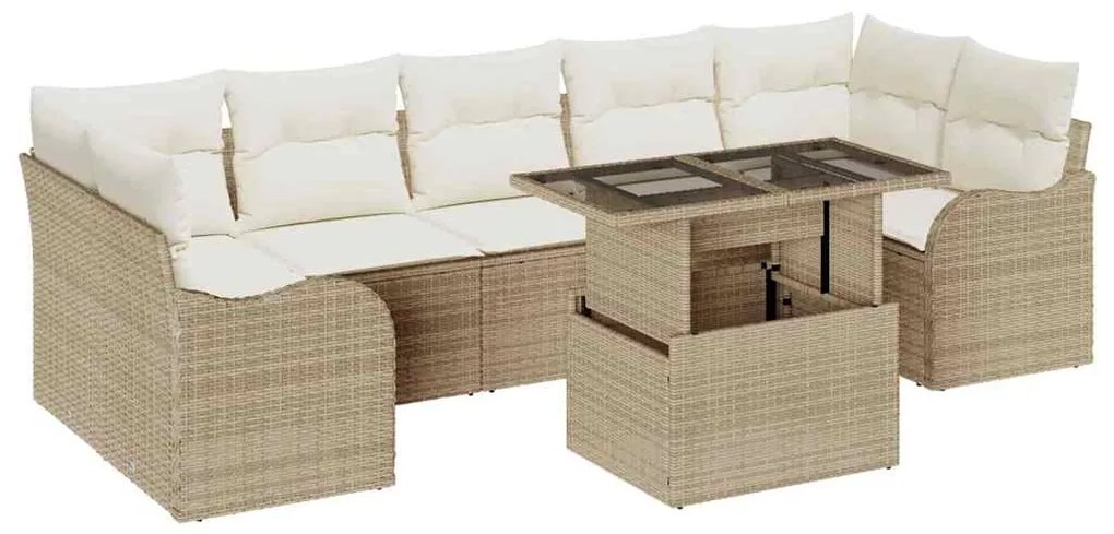 Conjunto de Sofá de Jardim 8 Peças com Almofadas Bege Rattan Poly