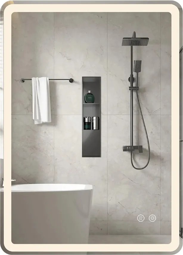 Espelho LED 70x50cm com luzes de 3 cores, antiembaciamento e luz regulável prateada