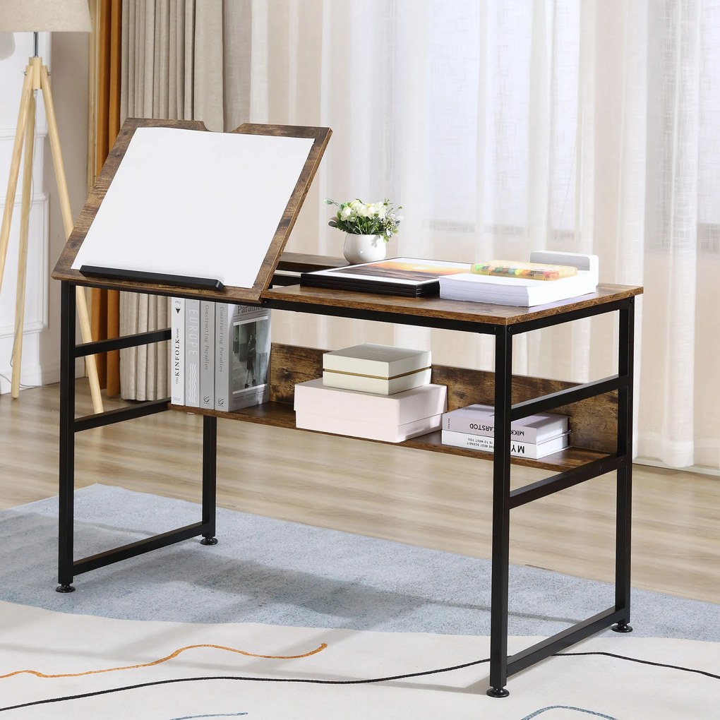 Mesa de desenho inclinável para escritório informático, design industrial — tampo elevável, prateleira — painéis de aglomerado com acabamento em imita