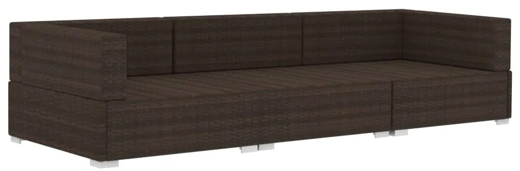 3 pcs conjunto sofás de jardim c/ almofadões vime PE castanho