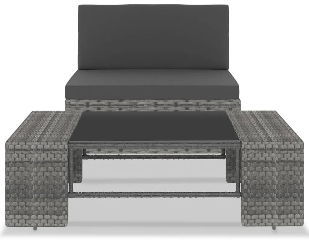 2 pcs conjunto lounge de jardim vime PE cinzento