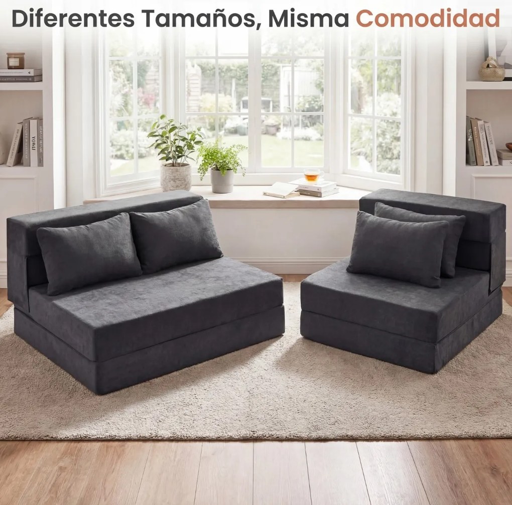 Sofá-cama futon dobrável 3 em 1 com 2 almofadas, em tecido de chenille , para sala, quarto ou escritório cinza