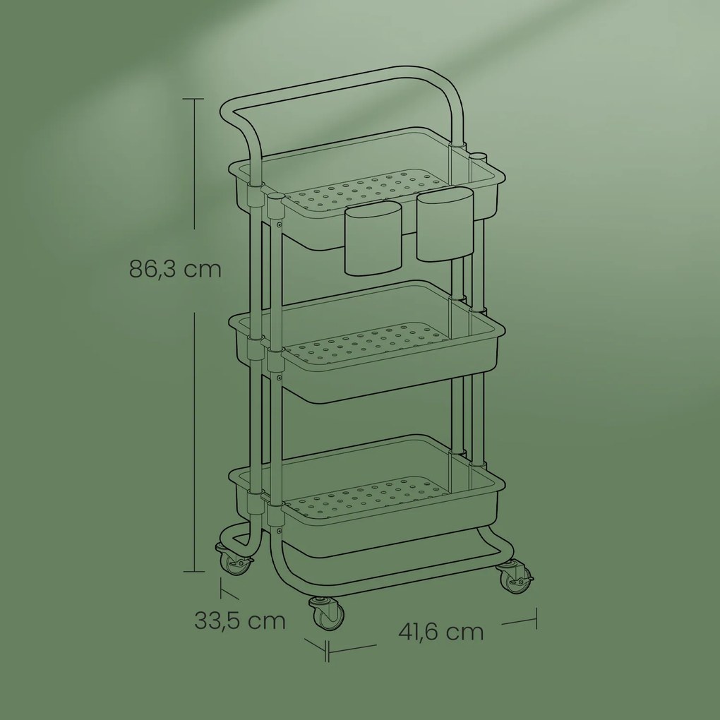 Carrinho com 3 níveis, carrinho de serviço, carrinho de cozinha com pega 41,6 x 33,5 x 86,3 cm preto