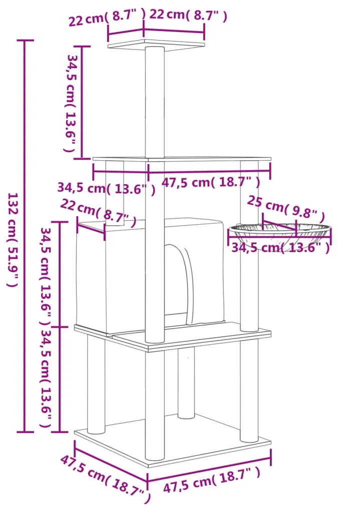 Árvore p/ gatos c/ postes arranhadores sisal 132cm cinza-escuro