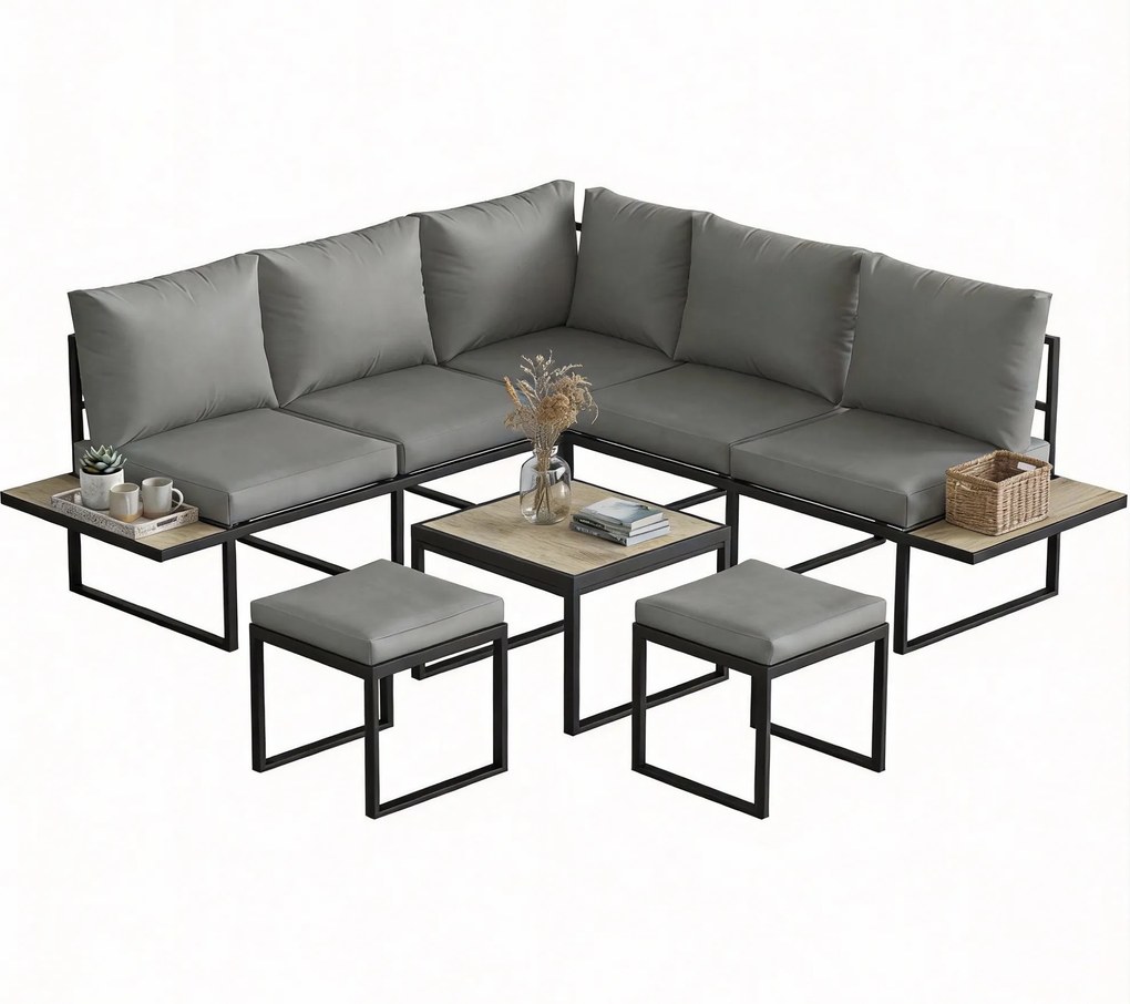 Conjunto de jardim para 6 pessoas, modular, com mesa baixa e extensões laterais em madeira PSPC e almofadas grossas de 10 cm, cinzentas