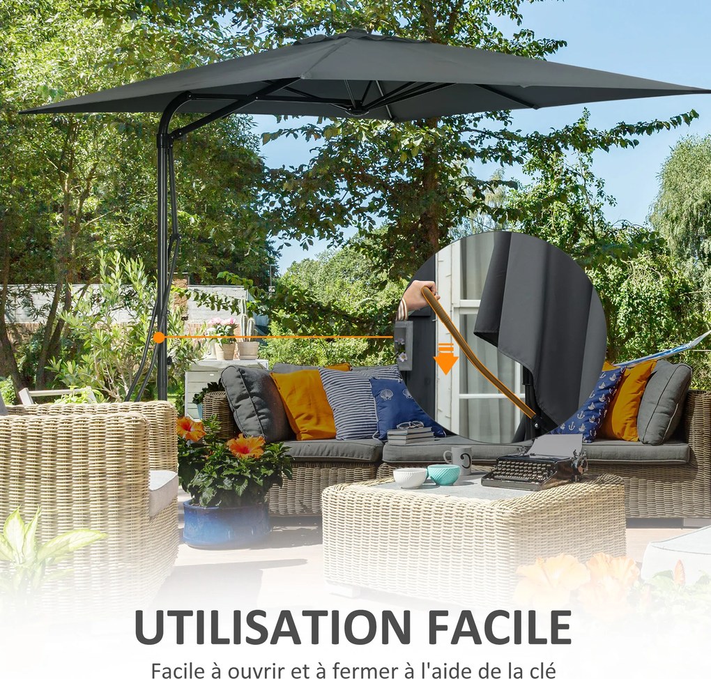 Guarda-sol quadrado com haste lateral, 2,5 x 2,5 m, com proteção UV e base em cruz incluída, cinzento escuro