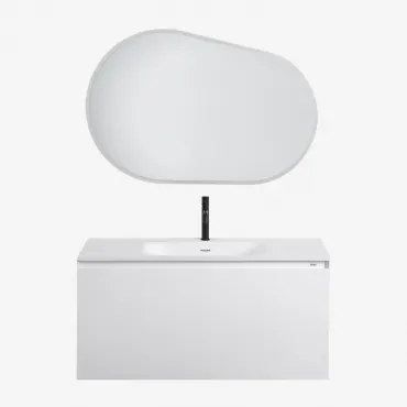 Conjunto De Móvel De Casa De Banho Suspenso Em Madeira Com Lavatório Integrado Macrae Branco & Oval Led E Anti-embaciamento 100x80 Cm Riben & Preto Ma
