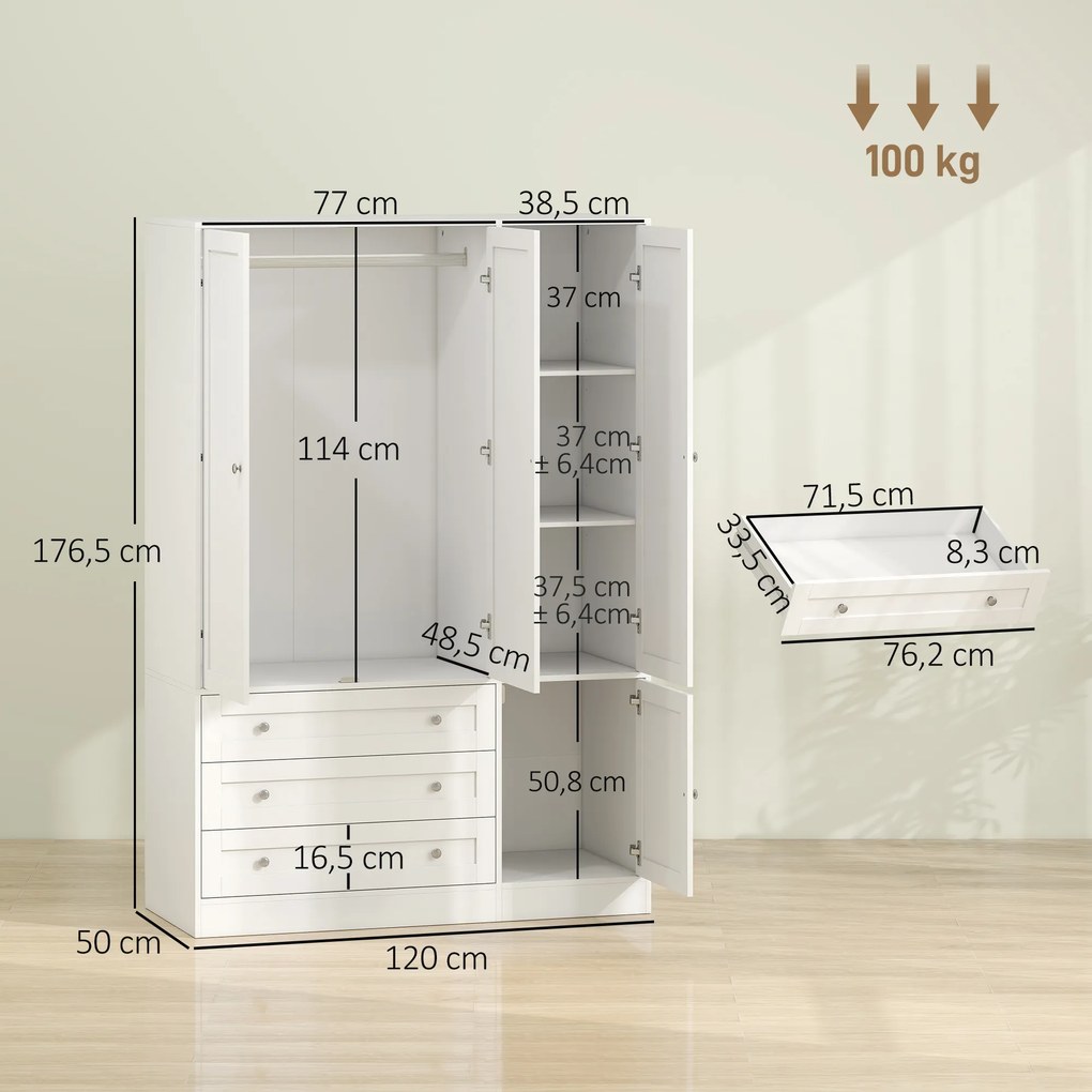 Guarda Roupa de Quarto, 120 x 50 x 176,5 cm, 4 Portas e 3 Gavetas, Branco