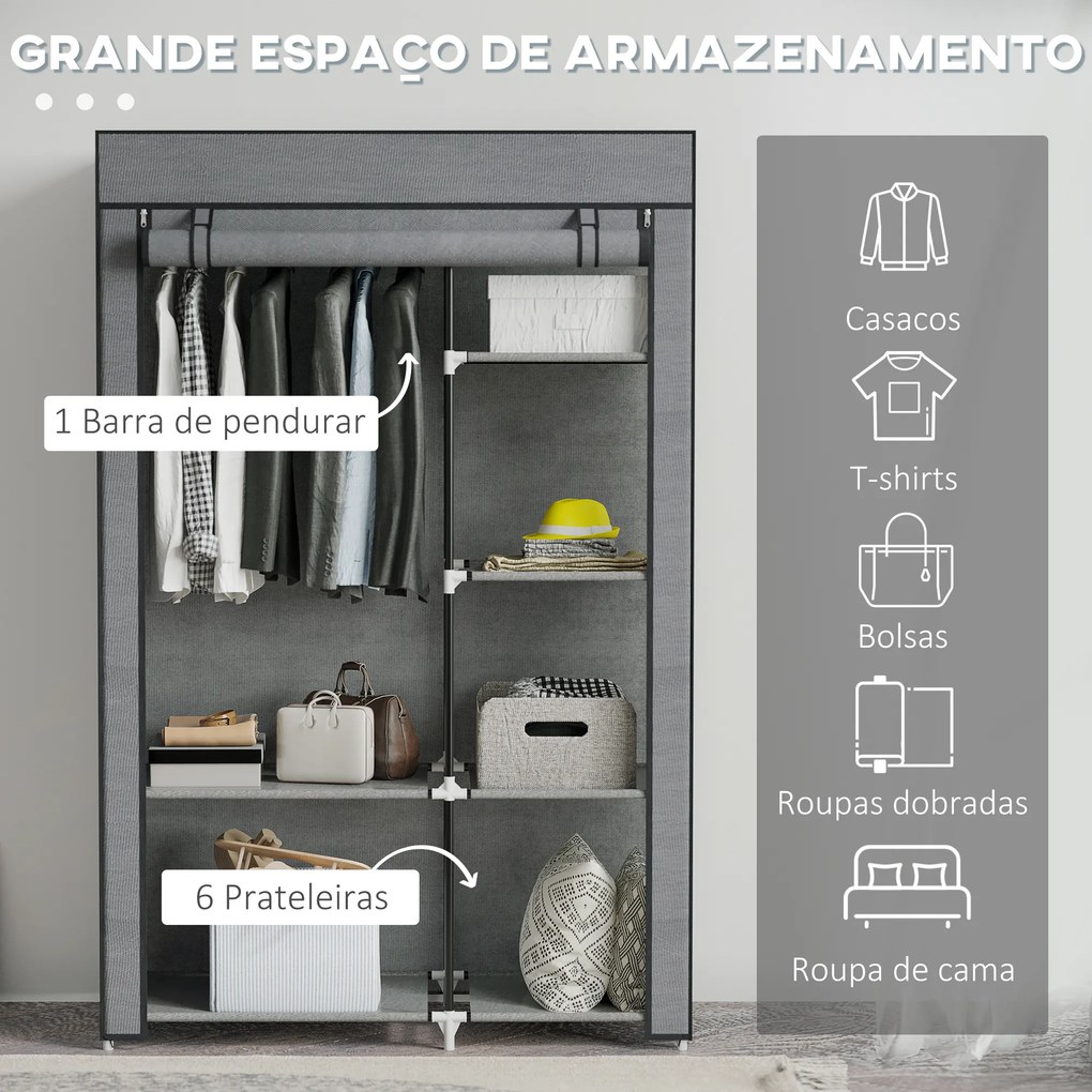 Guarda Roupa de Tecido Dobrável com 6 Prateleiras e 1 Barra de Pendurar para Dormitório Vestidor 103x43x162,5 cm Cinzento