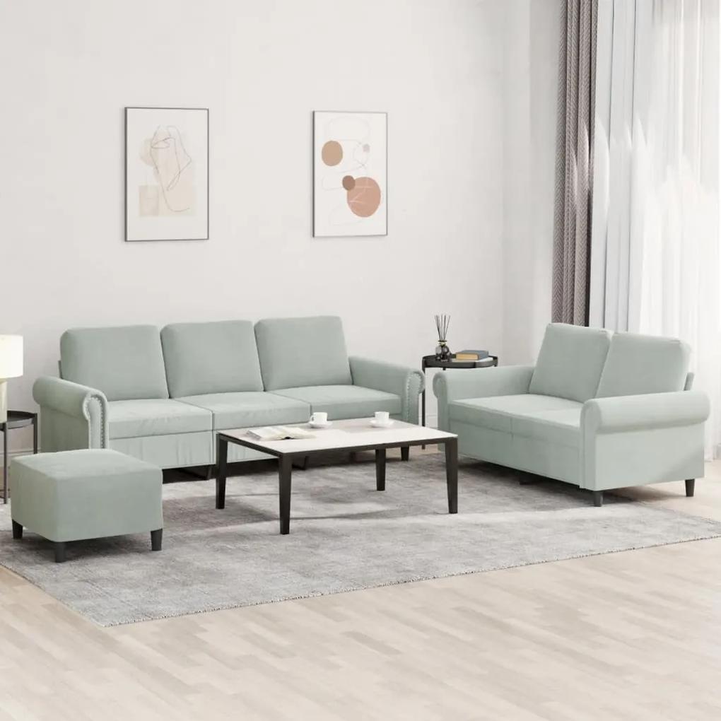 3202260 vidaXL 3 pcs conjunto de sofás com almofadões veludo cinzento-claro