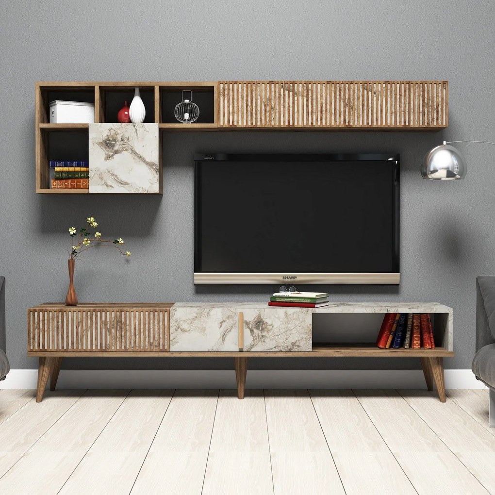 Móvel de TV Milan com Armário de Parede – Nogueira e Branco Mármore (1