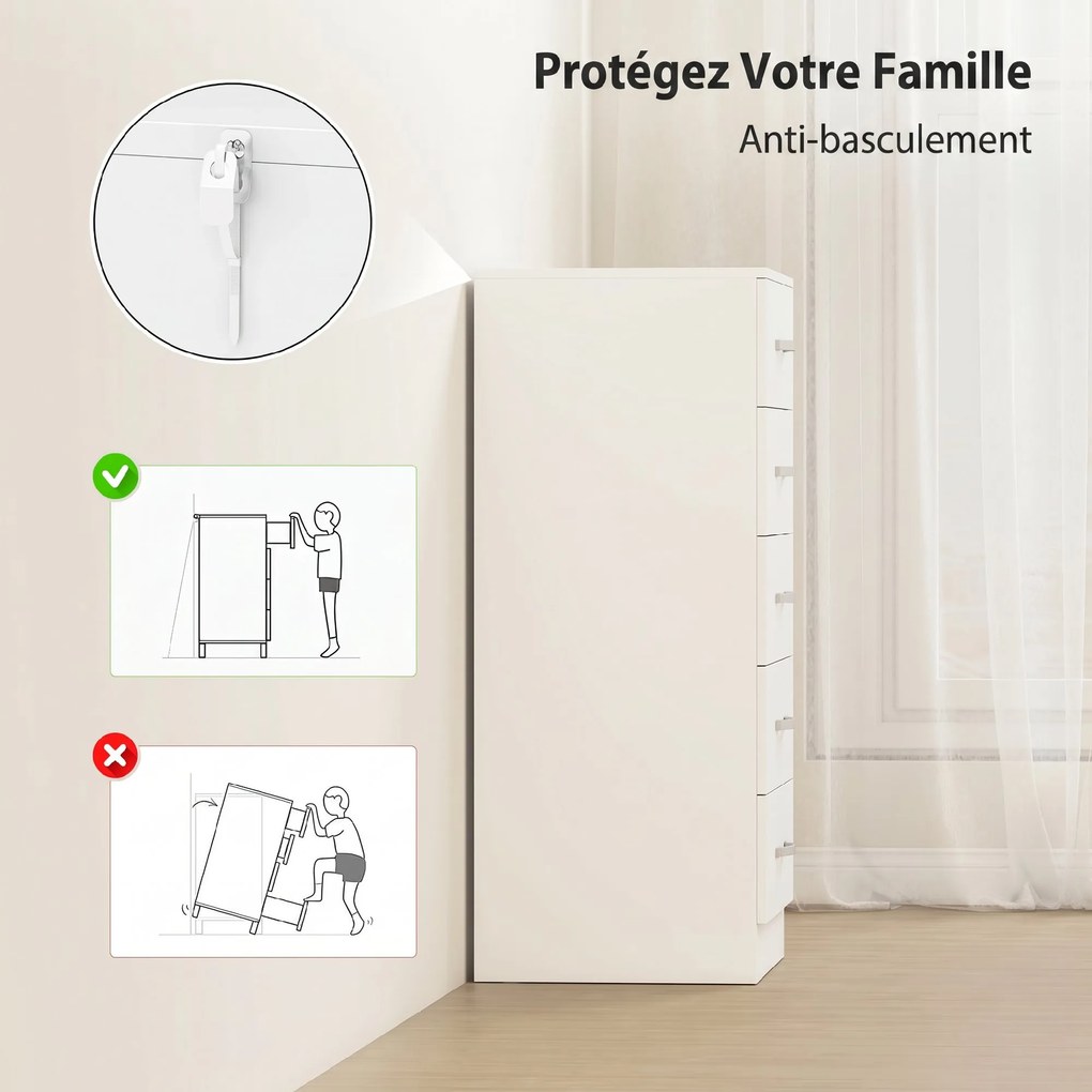 Cómoda de 5 Gavetas, 40 x 35 x 85 cm, Formato Estreito, Branco
