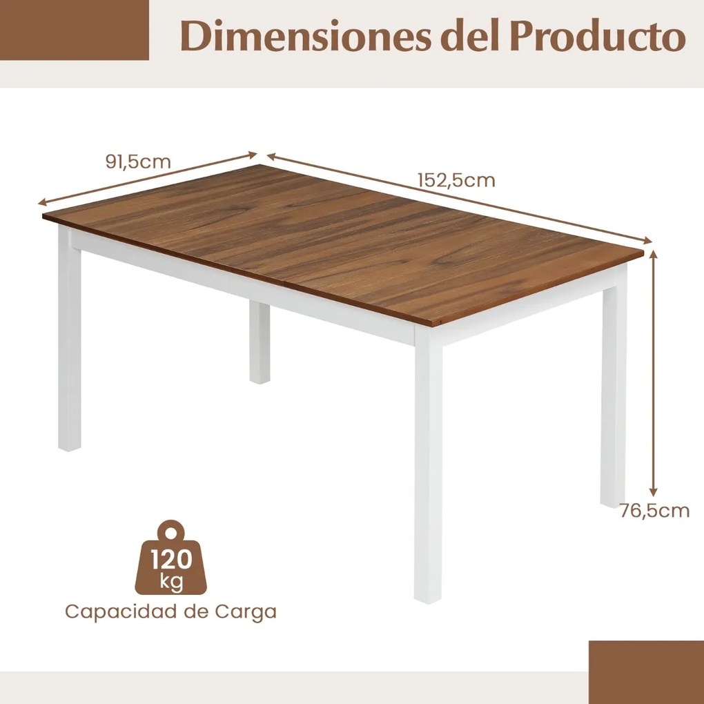 Mesa de jantar retangular 152,5 x 91,5 x 76,5 cm (CADEIRAS NÃO INCLUIDAS) para 4-6 pessoas, com pernas em madeira maciça de borracha, estilo rústico,