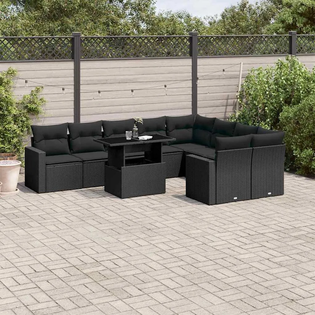 10 pcs conjunto sofás de jardim c/ almofadões vime PE preto