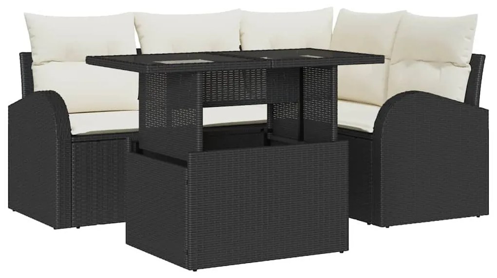 Sofá de Jardim em Rattan Sintético com 5 Peças e Almofadas Pretas